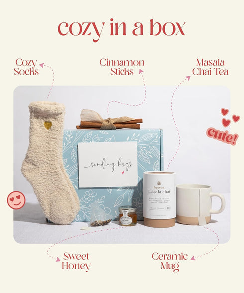 Cozy Package UnboxMe Tea Gift Basket for Women - Valentines Self Care Box with Socks, Mug, Chai Tea, Honey & Cinnamon