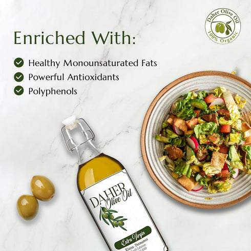 33.8 OZ Daher Olive Oil - FL - Premium Organic Extra Virgin - Cold Pressed - Southern Lebanon Region - Low acidity