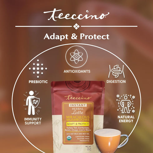 16 7.9 Miraculous Mushrooms Instant Adapt & Protect Herbal Latte By Teeccino servings - Creamy Oat & Coconut Latte