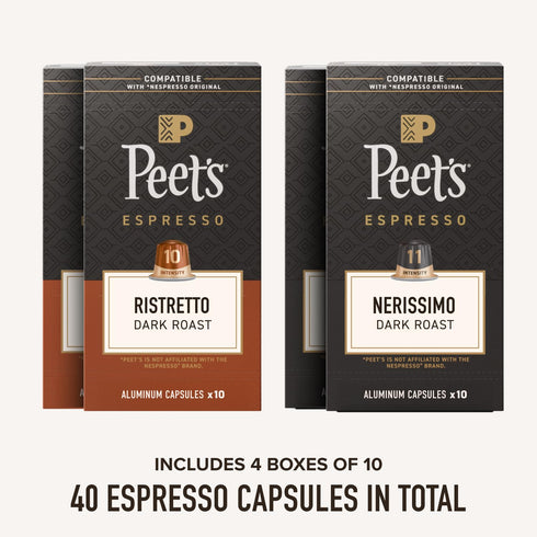 Pack, 100% 10-11, 40 Count (4 10 Peet's Coffee, Dark Roast Espresso Capsules Variety Compatible with Nespresso Original