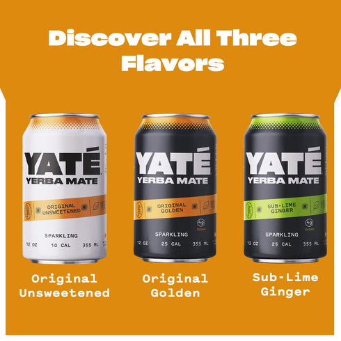 25 12 Pack Yate Sparkling Yerba Mate - Original Golden Organic Yerba Mate Drink with Low Sugar & Calories for Daily