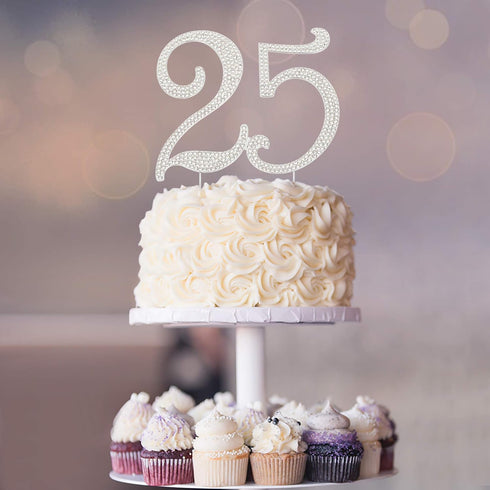 25 Cake Topper - Premium Silver Metal - 25th Birthday or Anniversary Party Sparkly Rhinestone Decoration in Box
