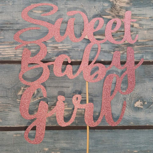 Sweet Baby Girl Cake Topper, Rose Gold Glitter for Newborn Gender Reveal, Baby One Month, 1st Birthday Party Supplies