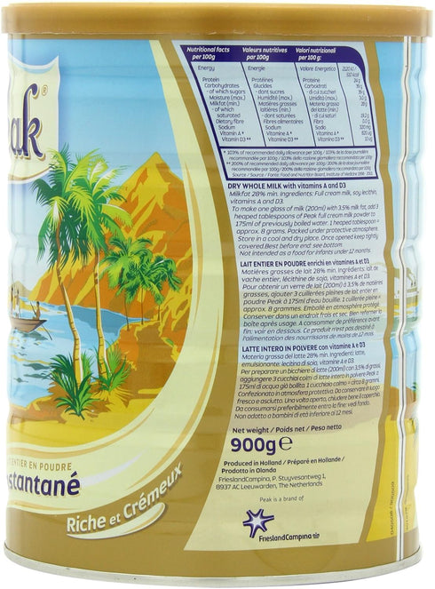 Peak 2 (900g) Whole Milk Powder, Pound Can - European Milk from Holland, rBST Free, Full Rich Flavor, Dissolves