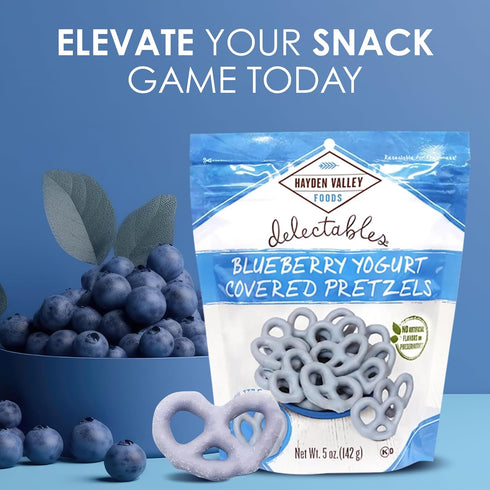 5 oz Hayden Valley Foods Blueberry Yogurt Flavored Covered Pretzels | Resealable Bag | Gourmet Flavored Blue Pretzels