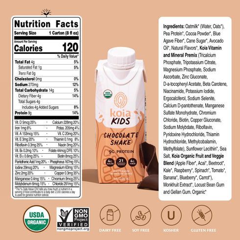 9g 4g 4g 21 8 Oz (Pack 12) Koia Kids Plant Based Protein Shake, Chocolate, Ready to Drink, Protein, Low Sugar, Fiber
