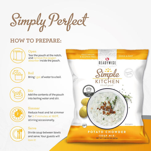 18 1 Pack READYWISE - Simple Kitchen, Potato Chowder Soup, Servings, MRE, Gluten Free, & Vegetarian, Food, Soup Mix