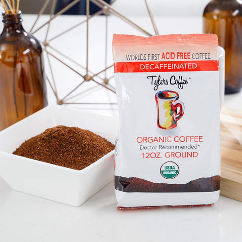 100% 12 oz Tylers Coffee USDA Organic Low Acid Arabica Decaffeinated Coffee, Medium Roast, Smooth & Balanced Flavor
