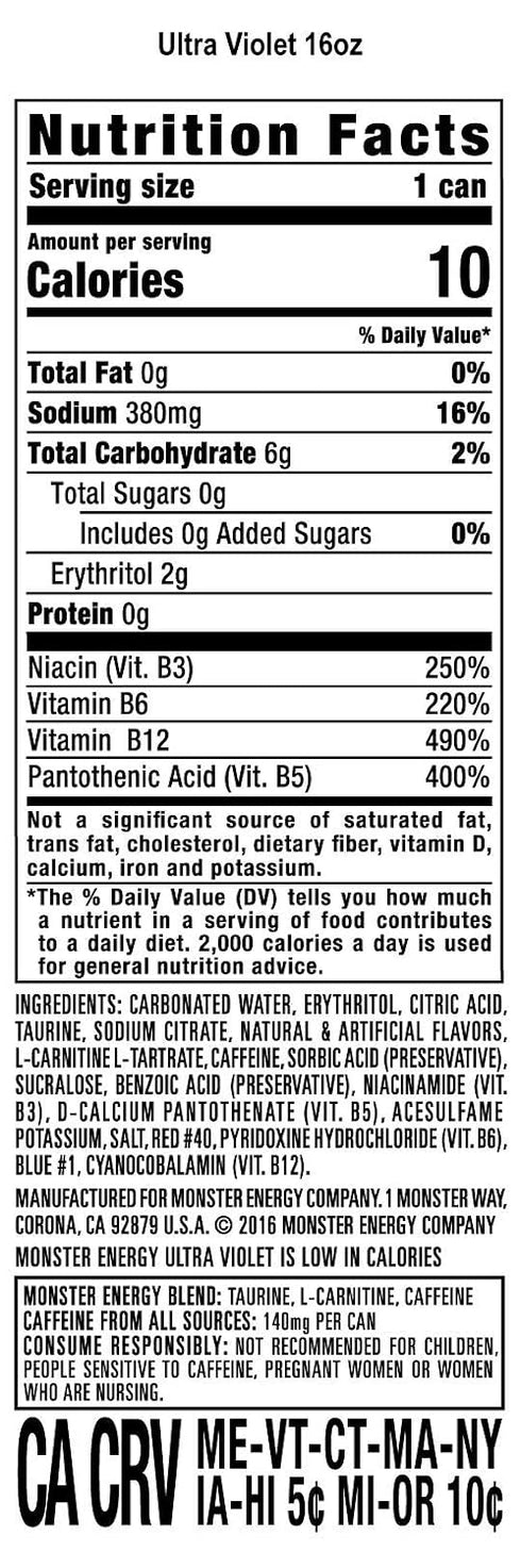 16 Pack 15 Monster Energy Ultra Violet, Sugar Free Energy Drink, Ounce |