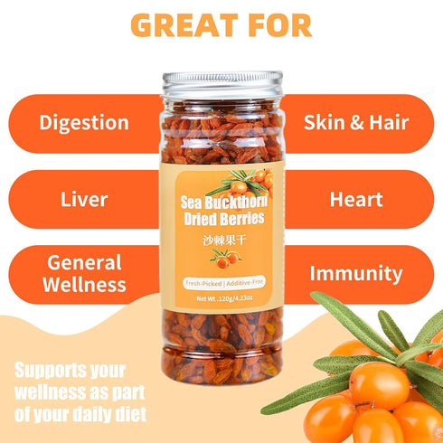8.5 oz/240g Dried Sea Buckthorn Berries Premium Hand-Picked Whole Fruits Sea Buckthorn Tea No Additives,Tart & Tangy