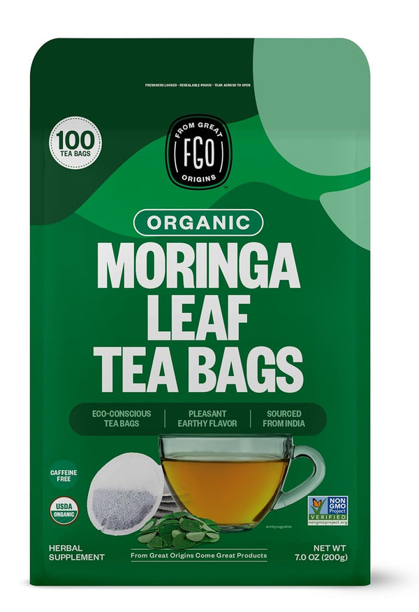FGO Organic Moringa Tea, 100 Count, Eco-Conscious Resealable Bag, Caffeine Free (Pack of 1)