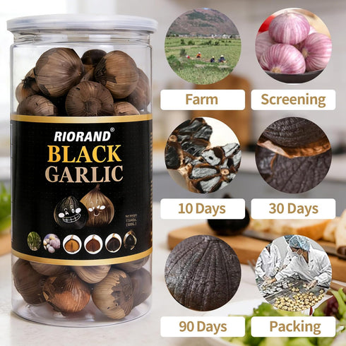 90 (17.64 Oz/500g) RioRand Black Garlic Whole Black Garlic Fermented for Days Non-Additives Ready to Eat for Snack