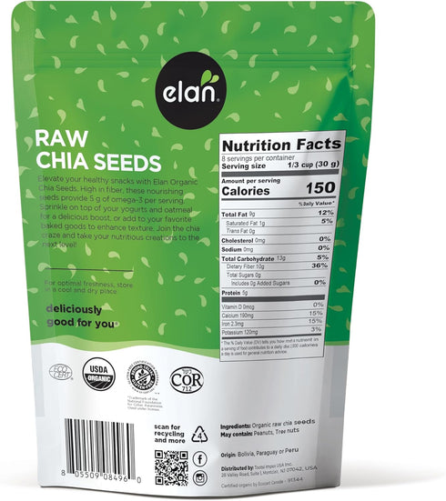 8.8 oz, Elan Organic Chia Seeds, Natural Raw Black Chia Seeds, Plant-Based, Non-GMO, Vegan, Gluten-Free, Kosher, Gels