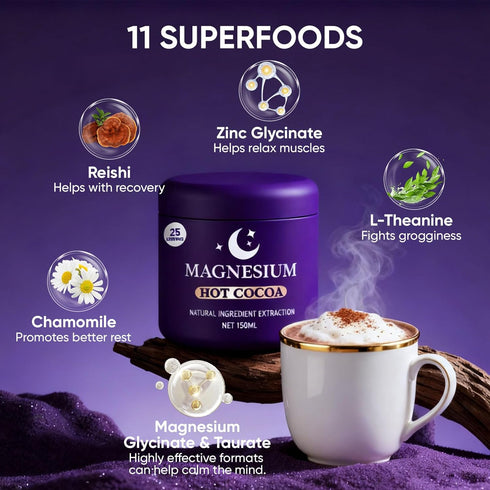 WSJAWH 25 Magnesium Hot Cocoa Jar Melatonin-Free Natural Sleep, Hot Chocolate Powder for Adults with Reishi Mushroom