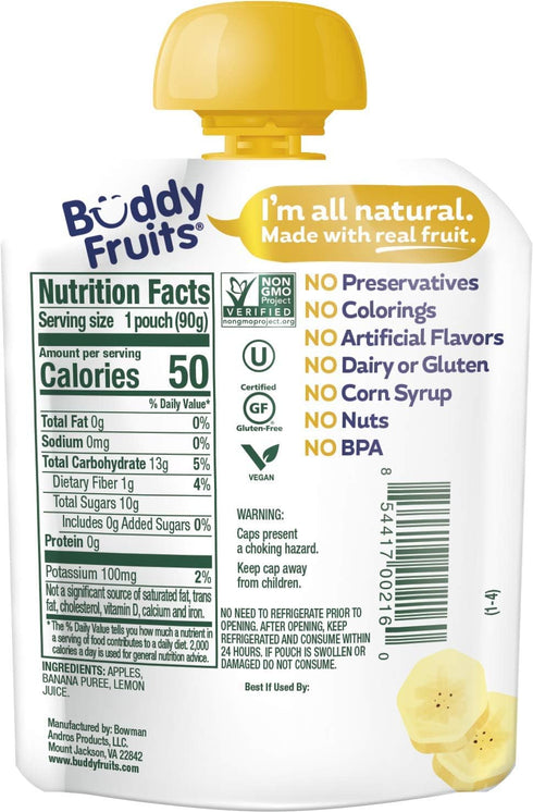 3.2oz (18pk) Buddy Fruits Snacks To Go Banana Unsweetened Applesauce Pouch Gluten-Nut-Dairy-Preservatives-BPA Free, Non
