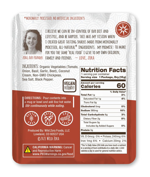 8-pack 0.5oz/13g Wild Zora Instant Keto-Friendly Soups Tomato Basil Broth Made with Chickpeas, Garlic, Onion