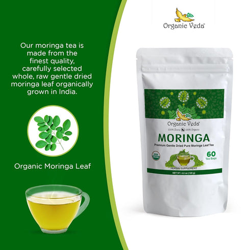 Organic Veda Moringa Tea Bags - 100% Pure Organically Grown Moringa Powder, Rich in Vitamins, 60 Tea Bags