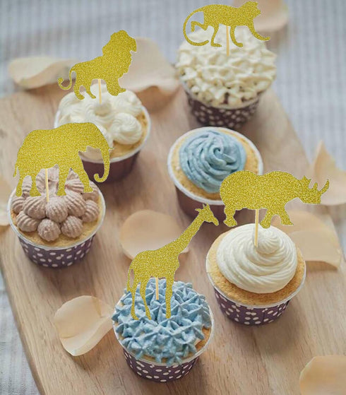30 Pack Gold Glitter Jungle Safari Animal Cake Cupcake Toppers - Decorations for Baby Shower and Birthday Party
