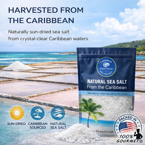 100% 16 oz (1 lb) Gourmet Caribbean Sea Salt, Extra Coarse Crystals for Grinder Refill, Clean Natural Rock Sea Salt