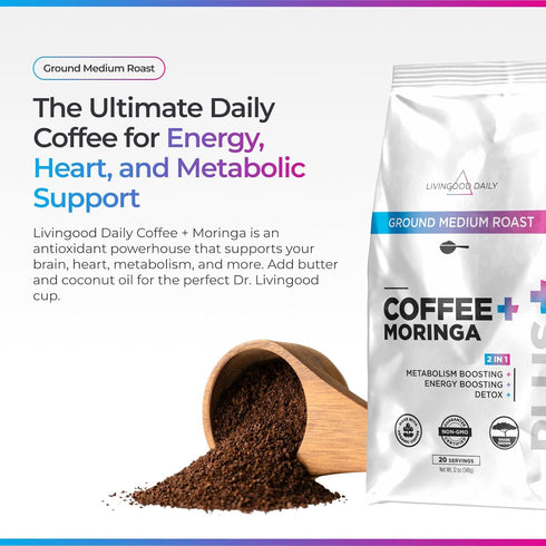20 12 oz Livingood Daily Coffee with Moringa, Ground Medium Roast Coffee with Plant Based Ingredients for Morning