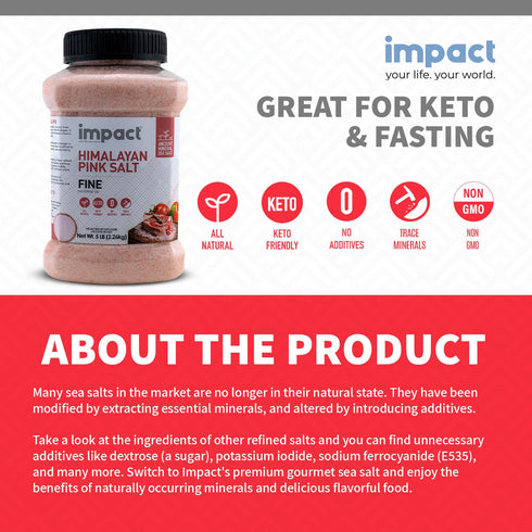5lb Impact - Fine Himalayan Pink Sea Salt - No Additives Rich in Trace Minerals Non-GMO Gluten-Free Ideal for Low-Carb