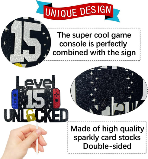 Happy 15th Birthday Video Game Cake Topper, Level 15 Unlocked Decoration for Kids Boys Girls Birthday Party
