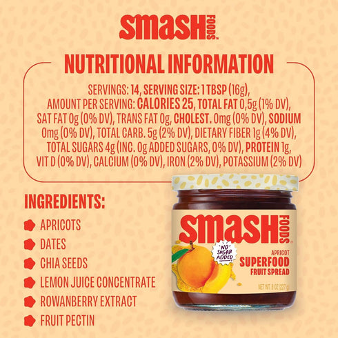 6 8 oz Smash Foods Apricot Jam Superfood Spread Jars with No Added Sugar Made with Chia Seeds Dates and Upcycled Fruit