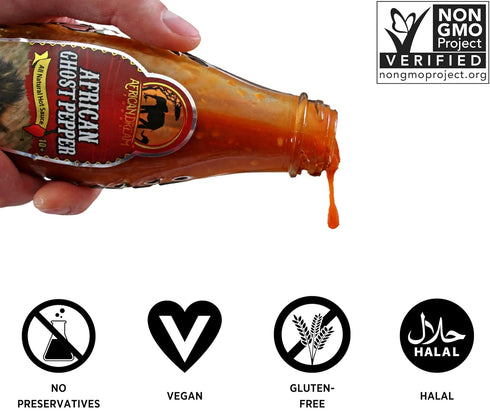 African Ghost Pepper Hot Sauce by African Dream Foods | All Natural Thick and Chunky Bhut Jolokia with Seeds| Made in Africa | 5 fl oz Glass Bottle