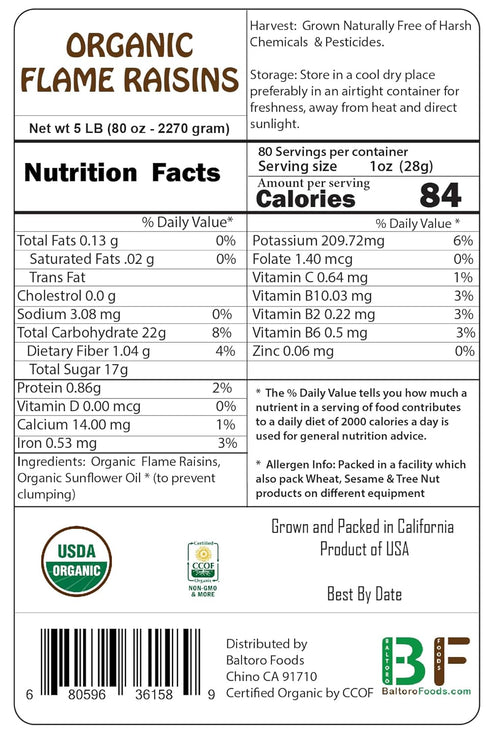 (10LB) Organic Flame Raisins Seedless No added Sugar, Non GMO, Vegan, Pesticide Free Unsulfured Vegan Bulk US Grown, by