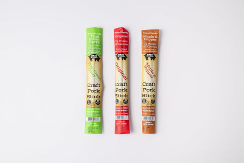 Pack 3 3 Count Big Fork Craft Pork Snack Sticks Variety Flavors to Try (Original, Maple & Pepper, Thai Green Curry) |