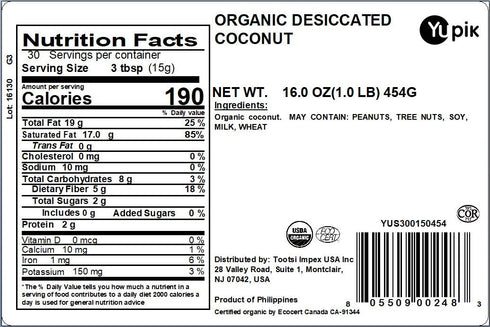 1 lb (16 oz), Yupik Organic Desiccated Coconut, Fine, Non-GMO, Vegan, Gluten-Free, Kosher, Finely Ground, Unsweetened