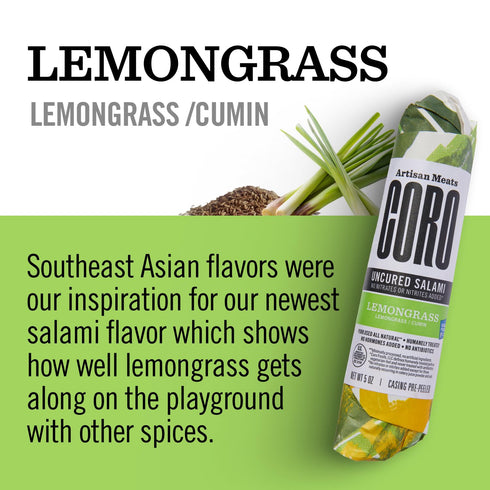 5oz Coro Uncured Lemongrass Artisan Salami Stick | Lemongrass & Warm Cumin | Perfect for Charcuterie Boards, Snacking