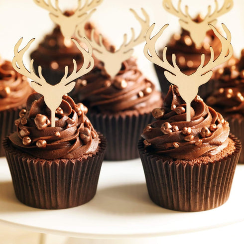 Wooden Deer Cupcake Toppers, Antler Cake Picks, Rustic Country Party Decoration Supplies, 24 Counts