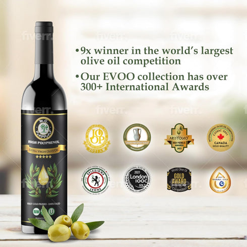 500mg/kg 12.7oz (375ml) M.G. Pappas Extra Virgin Olive Oil, High Polyphenol EVOO - Cold Pressed & Unfiltered Greek