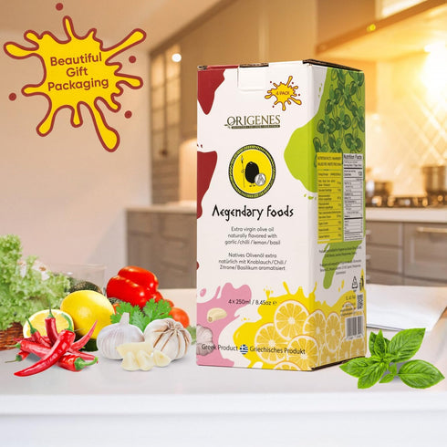 Pack 4 4X250ml of Extra Virgin Flavored Olive Oil - Garlic, Chili, Lemon & Basil Infused EVOO - Cold Pressed