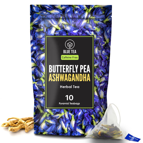 BLUE TEA - Butterfly Pea Flower Ashwagandha Herbal Tea - 10 Pyramid Tea Bags, Caffeine Free