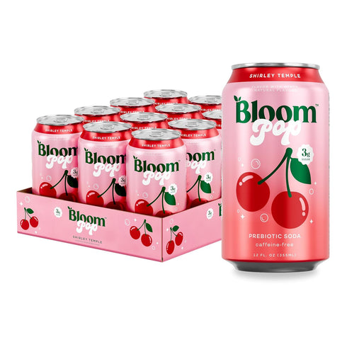 Bloom Pop Prebiotic Soda 12 Pack, Shirley Temple Flavor, 12oz Cans |