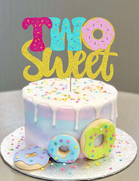 VIVIFORKY Donut Sweet Two Cake Topper Glitter Theme Sencond Happy Birthday Decorations for Girl Boy Baby Shower Party