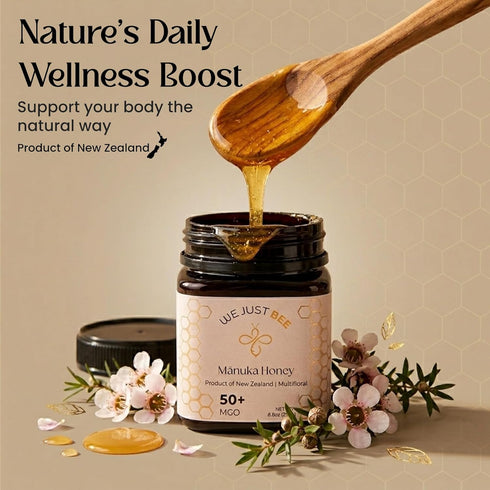 50+ 100% 250g 8.8oz We Just Bee Raw Manuka Honey Multifloral MGO | Premium New Zealand Manuka Grade | Pure Raw Honey