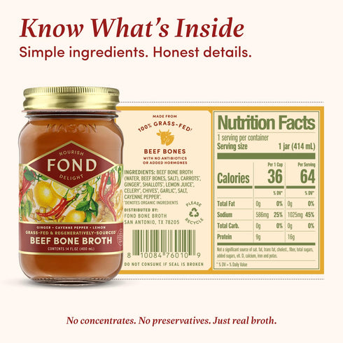 Slow-Simmered 14 oz (4-Pack) FOND Regenerative Grass Fed Beef Bone Broth Infused with Organic Ginger & Cayenne Beef
