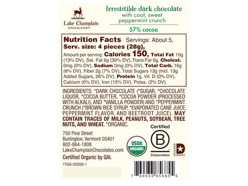 5.8 OZ LAKE CHAMPLAIN CHOCOLATES Organic Dk Choco Peppermint Crunch Coins