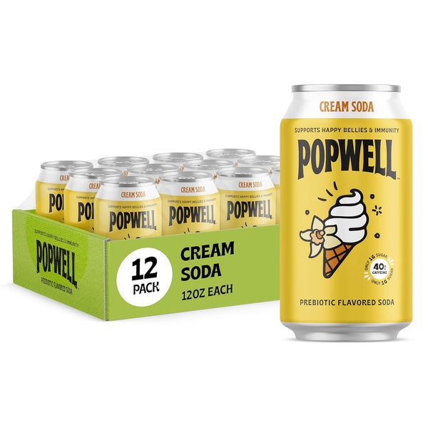 Popwell Cream Soda Caffeinated Better-For-You Prebiotic Soda, with 6g Fiber, 1g Sugar,