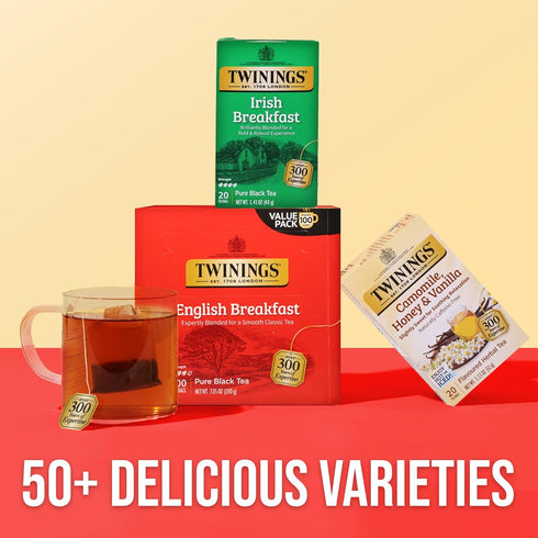 100 Count (Pack 1), 100 Twinings English Breakfast Black Tea Individually Wrapped Bags, of Smooth, Flavourful