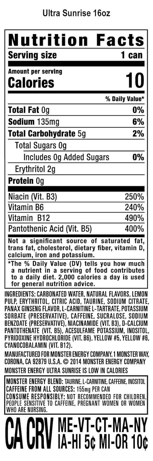 16 Oz Pack 15 Monster Energy Ultra Sunrise, Sugar Free Energy Drink, Fl |