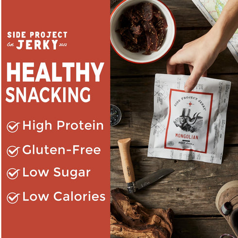 Packs 2 oz (Pack 3) Side Project Jerkys Mongolian Flavored Beef Jerky - Chef Curated Beef Jerky Snack with Sweet