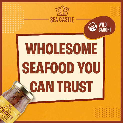 Sea Castle 4.2 oz (3 Pack) Wild Caught Flat Fillet Anchovies in Olive Oil, | Premium Moroccan Anchovies | Non-GMO