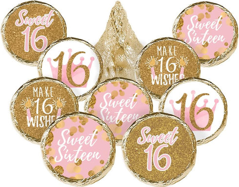 DISTINCTIVS Pink and Gold Sweet 16 Birthday Party Favor Chocolate Kisses Candy