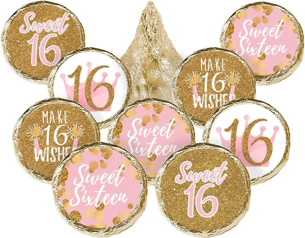 DISTINCTIVS Pink and Gold Sweet 16 Birthday Party Favor Chocolate Kisses Candy