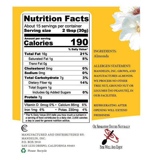 MANDELIN CALIFORNIA ALMONDS AND ALMOND PASTES (1 lb) Natural Almond Butter - Single ingredient freshly dry roasted