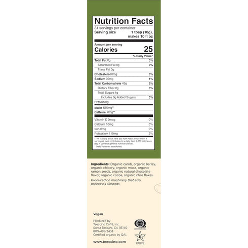 11 (Pack 3) Teeccino Maca Chocolat Chicory Coffee Alternative - Ground Herbal Coffee Thats Prebiotic, Caffeine Free